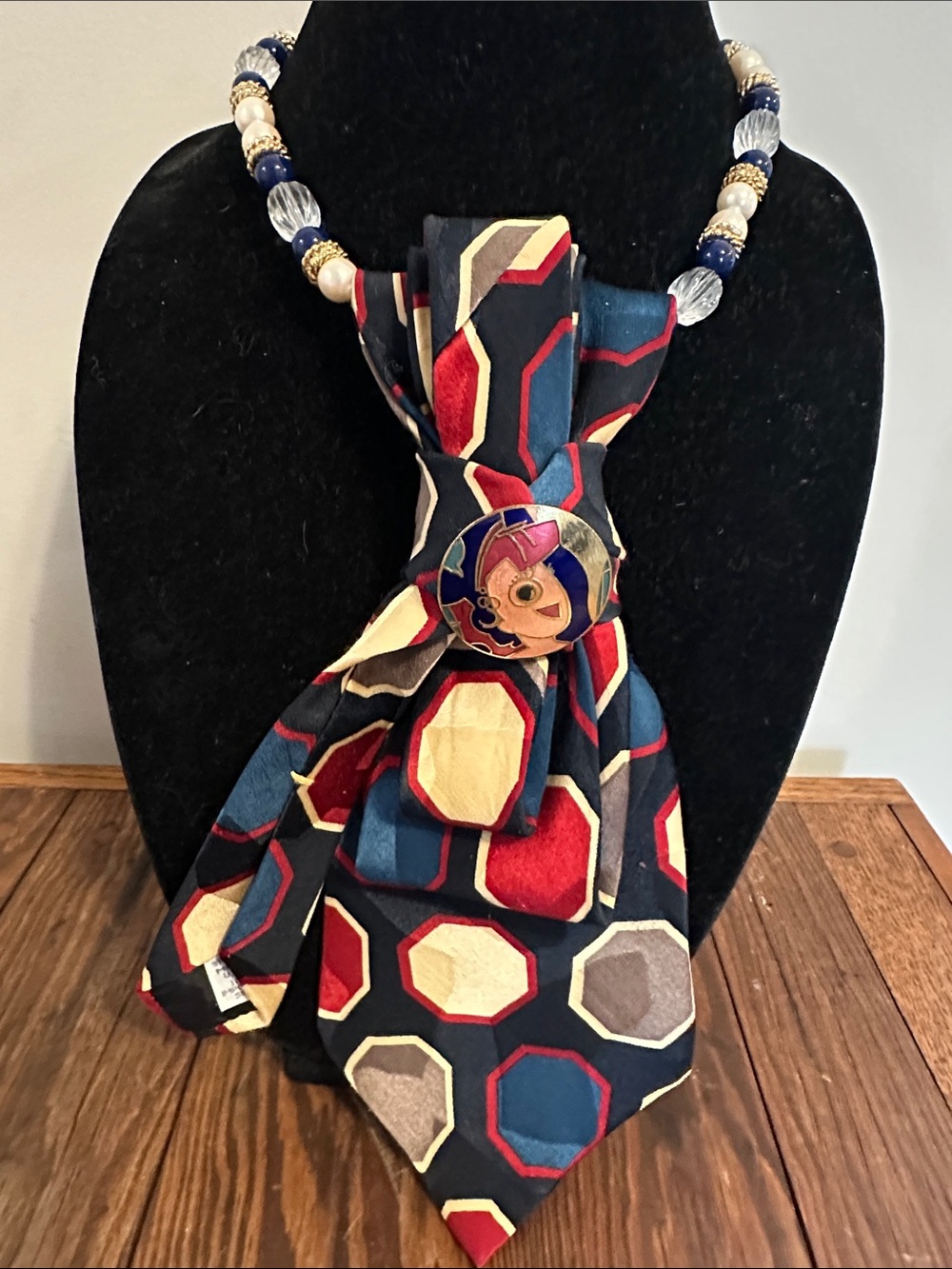 Geometric Octagon Pattern Silk Tie Necklace